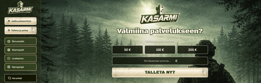 Kasarmi-nimisen Viron lisenssi kasino -sivuston etusivu